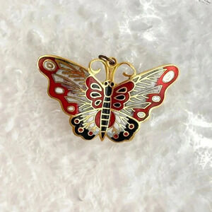 Gold & Red Toned Cloissone Butterfly Figural Vintage Brooch | Pendant Combo